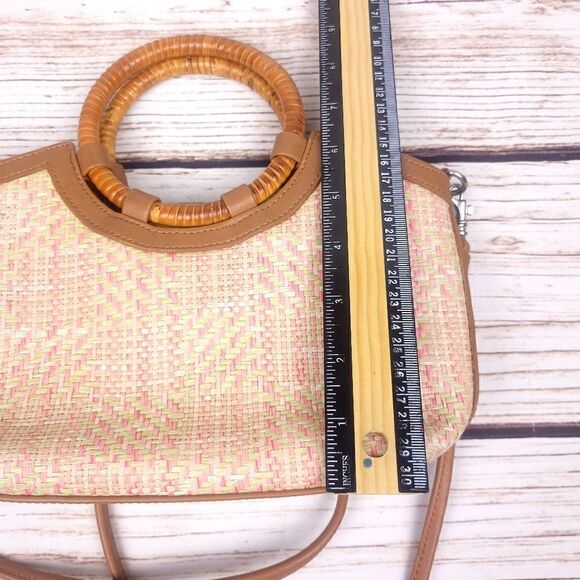 Vintage Fossil Pink and Tan Straw Purse Shoulder Crossbody Bag Wooden Handles - Picture 15 of 15